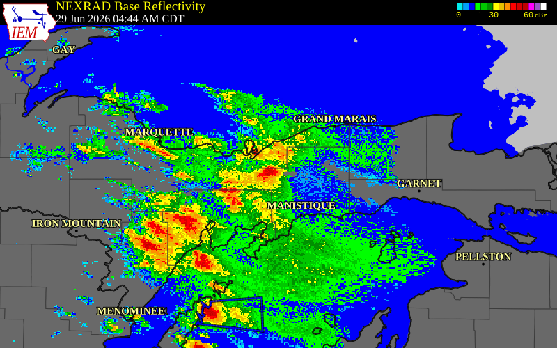 NEXRAD radar during the Monday, June 29, 2026 storm activity in Alger County, Michigan