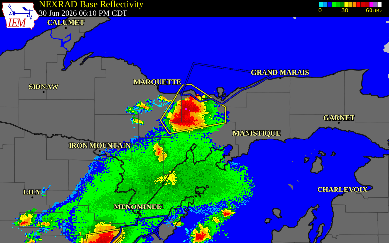 NEXRAD radar during the Tuesday, June 30, 2026 storm activity in Alger County, Michigan