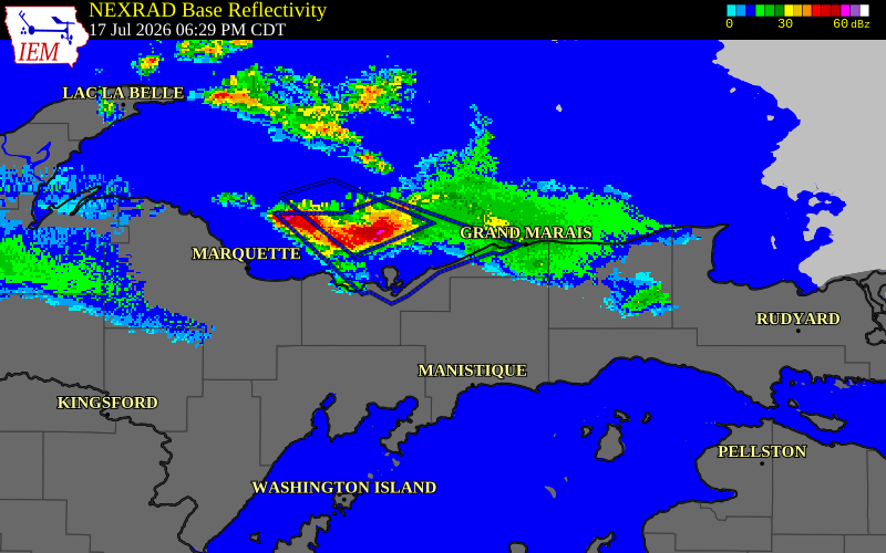 NEXRAD radar during the Friday, July 17, 2026 storm activity in Alger County, Michigan