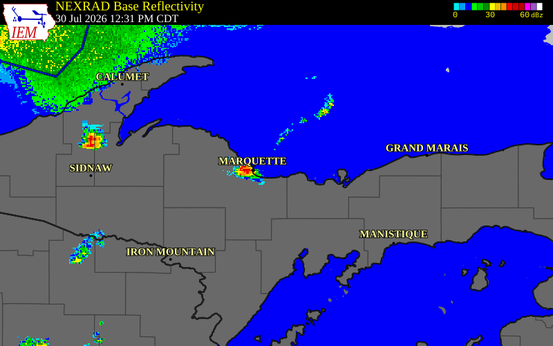 NEXRAD radar during the Thursday, July 30, 2026 storm activity in Alger County, Michigan
