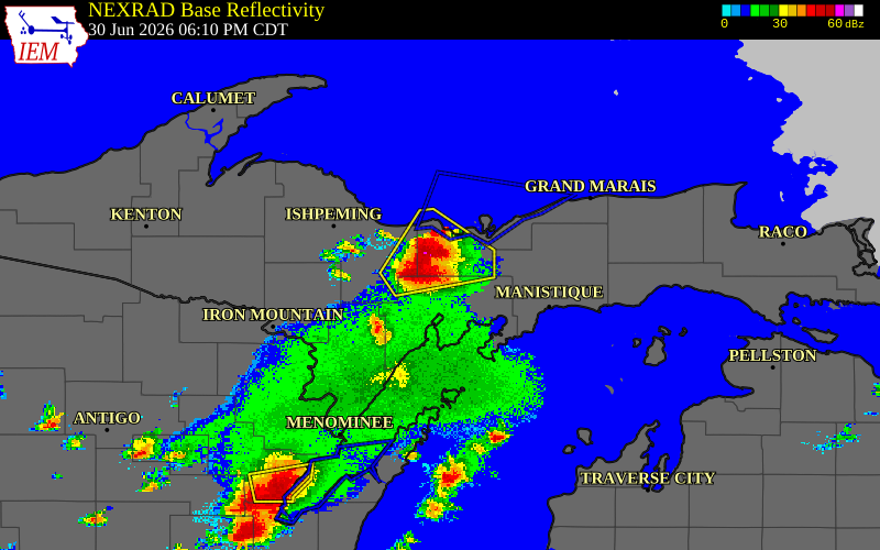 Radar snapshot during the Jun 30, 2026 hail event near 1 S Trenary, Alger County, Michigan, with NWS warning polygons