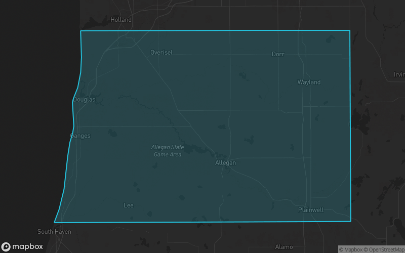 Map of Allegan County, Michigan showing the county boundary and surrounding cities