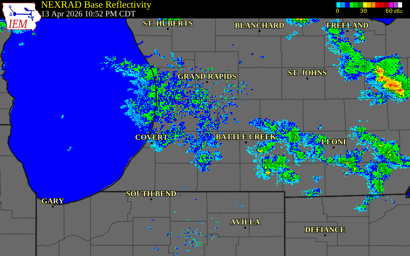 NEXRAD radar during the Monday, April 13, 2026 storm activity in Allegan County, Michigan