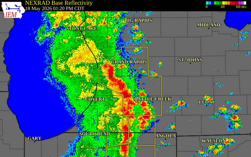 NEXRAD radar during the Monday, May 18, 2026 storm activity in Allegan County, Michigan