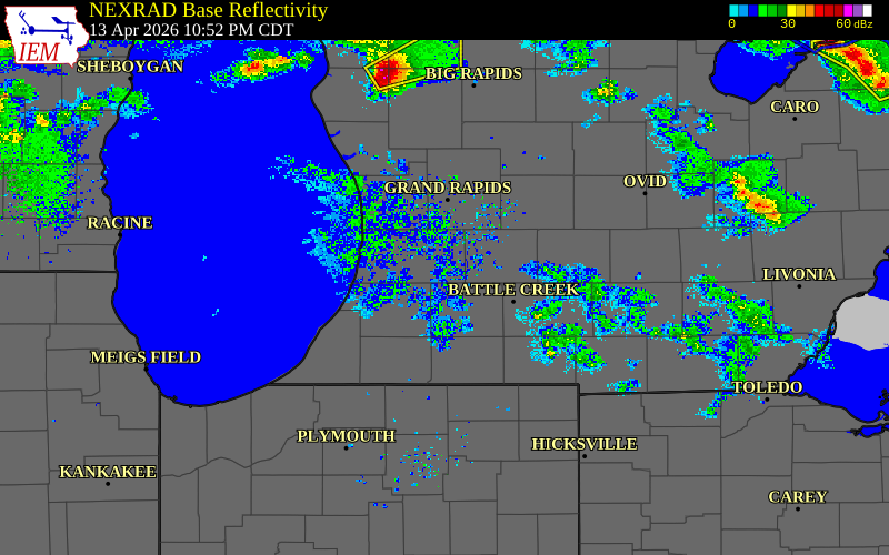 Radar snapshot during the Apr 13, 2026 tornado event near 1 ENE Otsego, Allegan County, Michigan, with NWS warning polygons