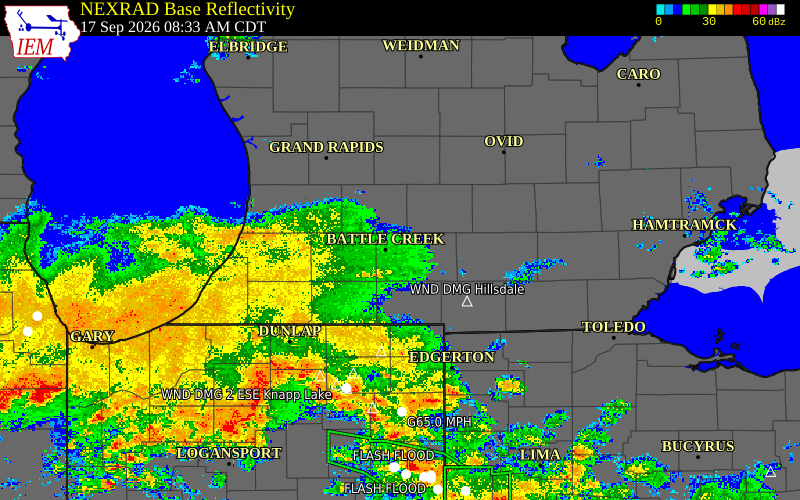 Current NEXRAD radar over Allegan County, Michigan with recent storm report locations