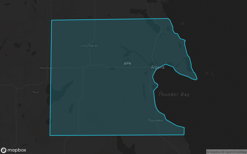 Map of Alpena County, Michigan showing the county boundary and surrounding cities
