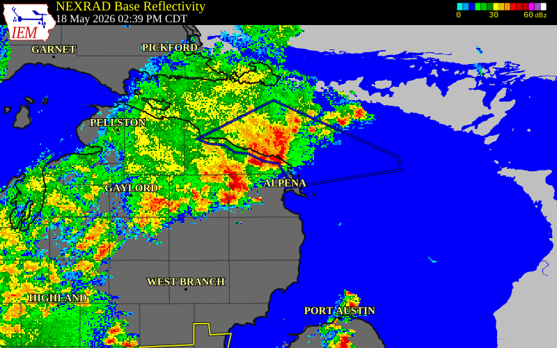 NEXRAD radar during the Monday, May 18, 2026 storm activity in Alpena County, Michigan