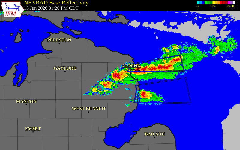 NEXRAD radar during the Saturday, June 13, 2026 storm activity in Alpena County, Michigan