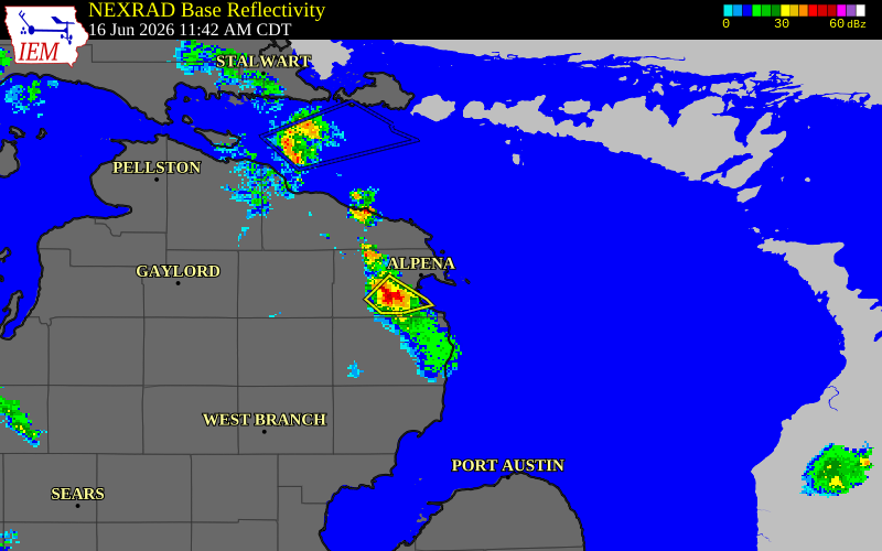NEXRAD radar during the Tuesday, June 16, 2026 storm activity in Alpena County, Michigan