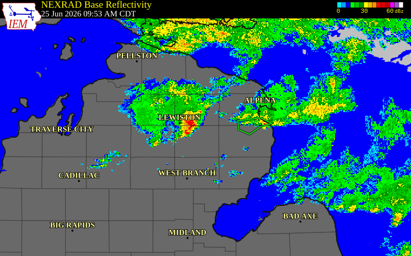 NEXRAD radar during the Thursday, June 25, 2026 storm activity in Alpena County, Michigan