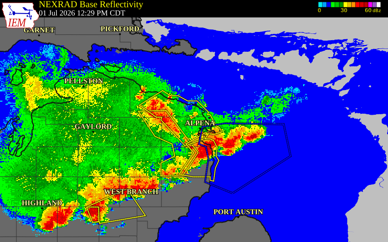 NEXRAD radar during the Wednesday, July 1, 2026 storm activity in Alpena County, Michigan