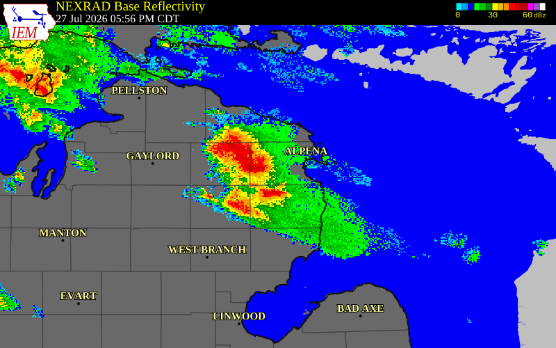 NEXRAD radar during the Monday, July 27, 2026 storm activity in Alpena County, Michigan
