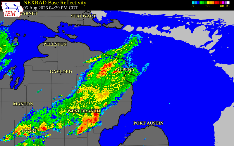 NEXRAD radar during the Wednesday, August 5, 2026 storm activity in Alpena County, Michigan