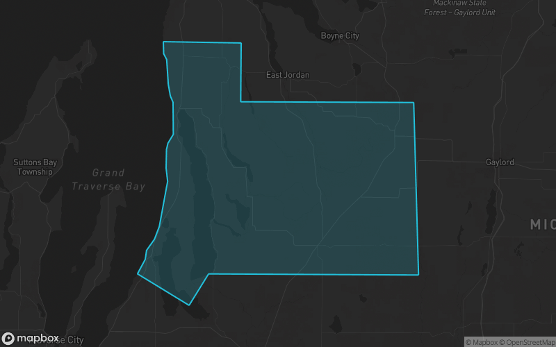 Map of Antrim County, Michigan showing the county boundary and surrounding cities