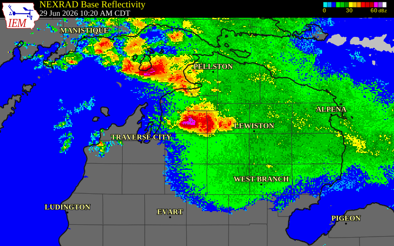 NEXRAD radar during the Monday, June 29, 2026 storm activity in Antrim County, Michigan