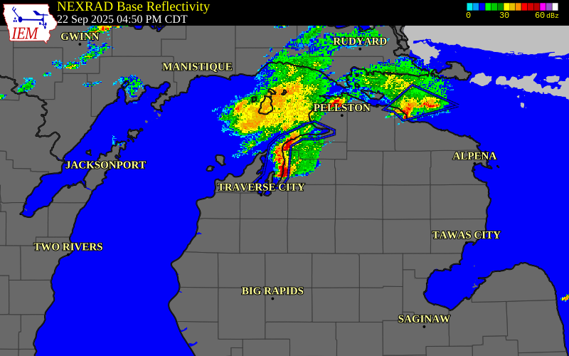 Radar snapshot during the Sep 22, 2025 tornado event near Kewadin, Antrim County, Michigan, with NWS warning polygons