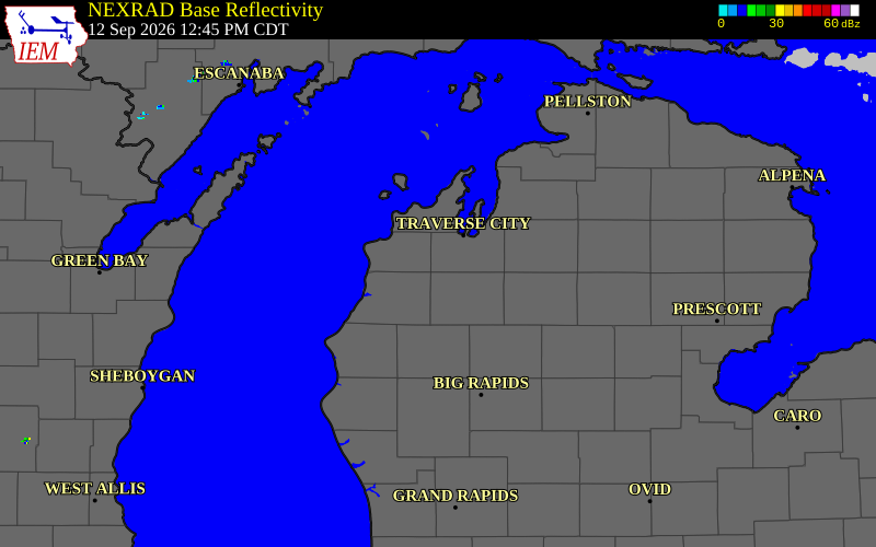 Current NEXRAD radar over Antrim County, Michigan with recent storm report locations
