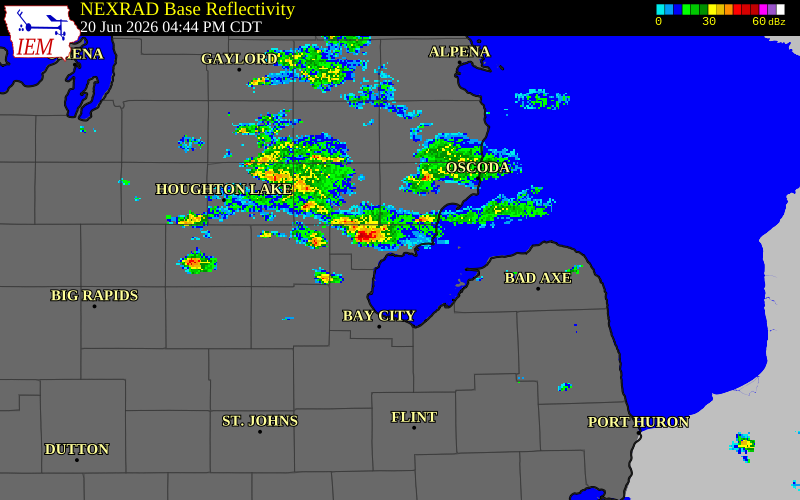 NEXRAD radar during the Saturday, June 20, 2026 storm activity in Arenac County, Michigan