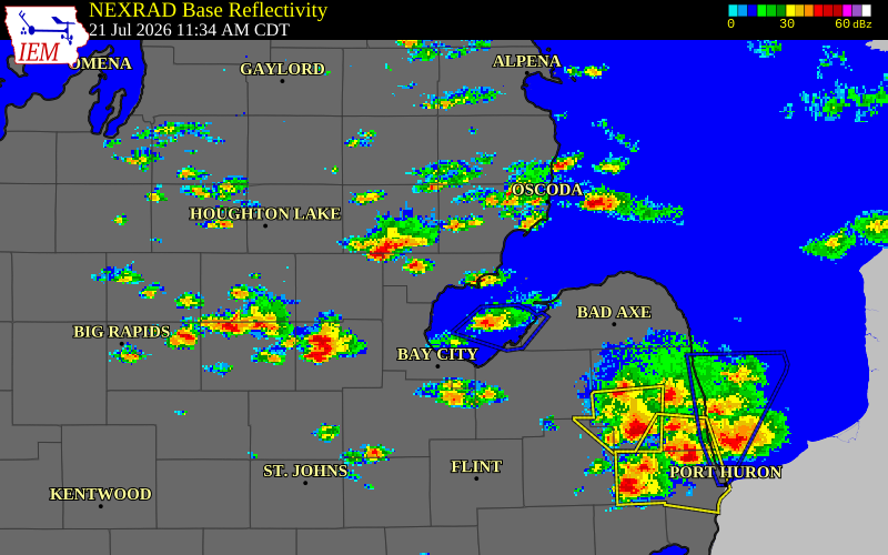 NEXRAD radar during the Tuesday, July 21, 2026 storm activity in Arenac County, Michigan