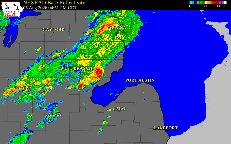 NEXRAD radar during the Wednesday, August 5, 2026 storm activity in Arenac County, Michigan
