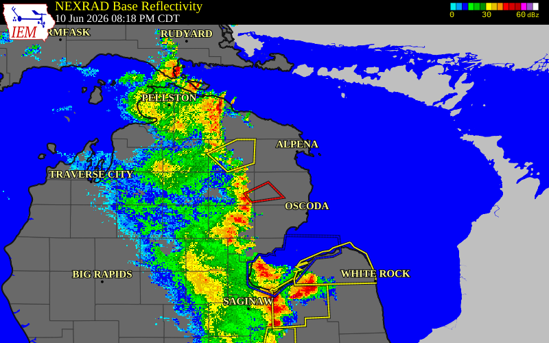 Radar snapshot during the Jun 10, 2026 wind event near Arenac County, Arenac County, Michigan, with NWS warning polygons