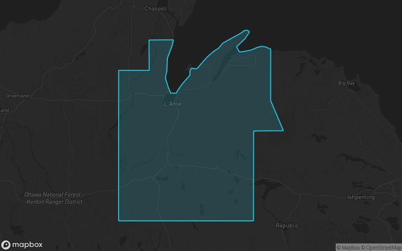 Map of Baraga County, Michigan showing the county boundary and surrounding cities