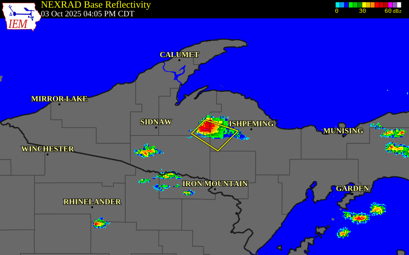 NEXRAD radar during the Friday, October 3, 2025 storm activity in Baraga County, Michigan