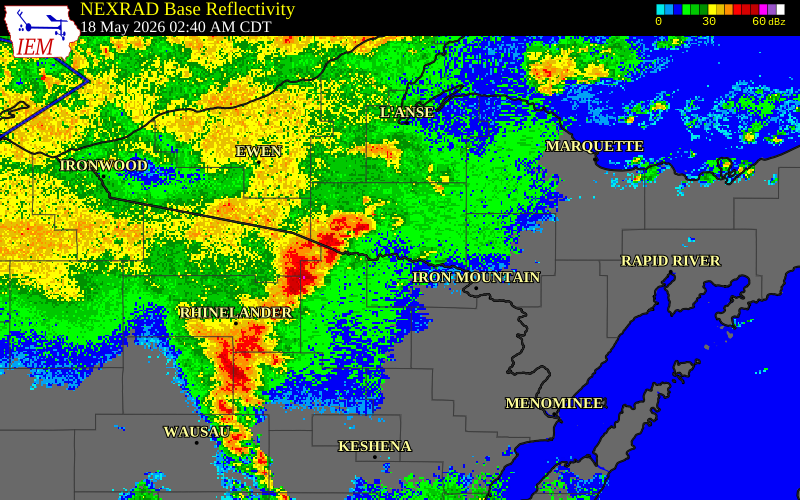 NEXRAD radar during the Monday, May 18, 2026 storm activity in Baraga County, Michigan