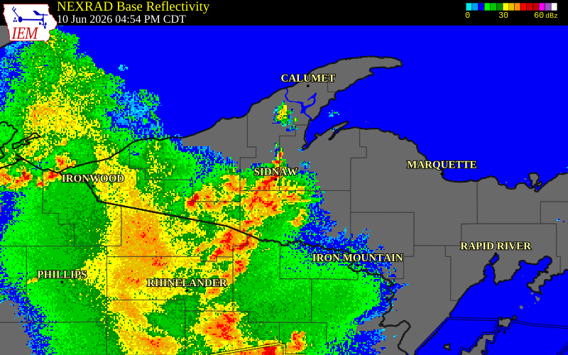 NEXRAD radar during the Wednesday, June 10, 2026 storm activity in Baraga County, Michigan
