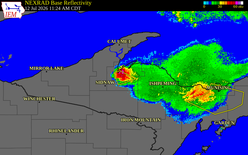 NEXRAD radar during the Sunday, July 12, 2026 storm activity in Baraga County, Michigan