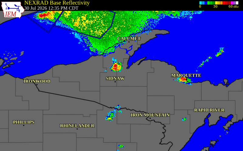 NEXRAD radar during the Thursday, July 30, 2026 storm activity in Baraga County, Michigan