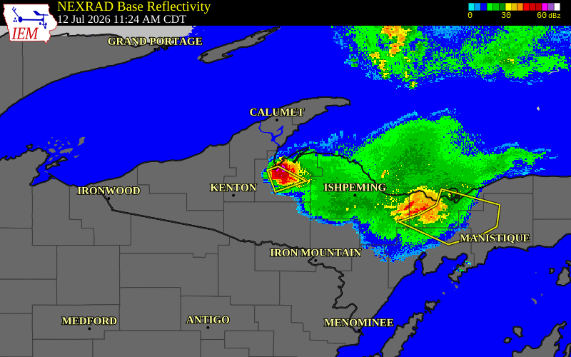 Radar snapshot during the Jul 12, 2026 hail event near Herman, Baraga County, Michigan, with NWS warning polygons