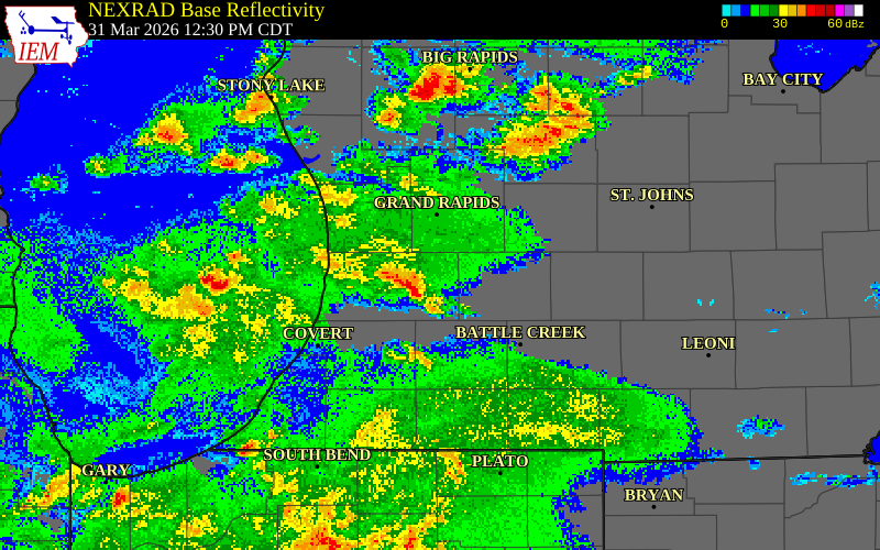 NEXRAD radar during the Tuesday, March 31, 2026 storm activity in Barry County, Michigan