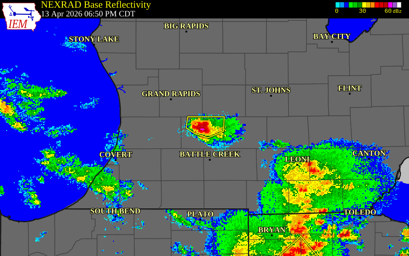 NEXRAD radar during the Monday, April 13, 2026 storm activity in Barry County, Michigan