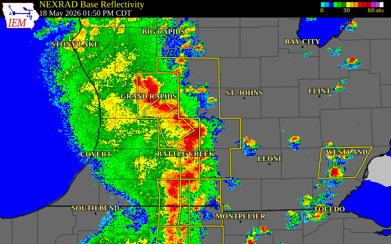 NEXRAD radar during the Monday, May 18, 2026 storm activity in Barry County, Michigan