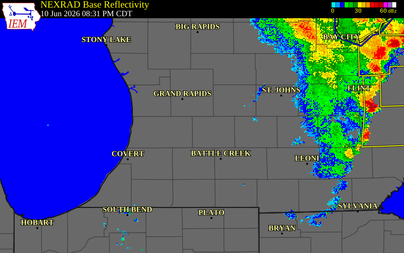 NEXRAD radar during the Wednesday, June 10, 2026 storm activity in Barry County, Michigan