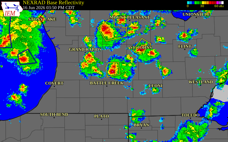 NEXRAD radar during the Tuesday, June 16, 2026 storm activity in Barry County, Michigan