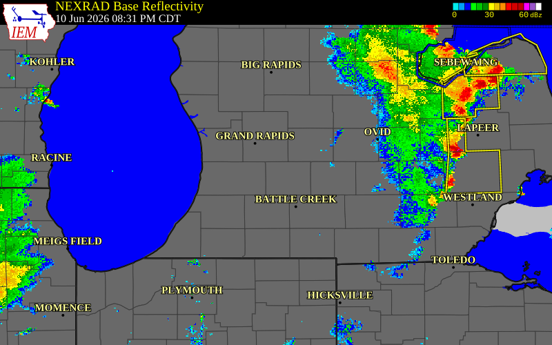 Radar snapshot during the Jun 10, 2026 tornado event near 2 SSW Irving, Barry County, Michigan, with NWS warning polygons