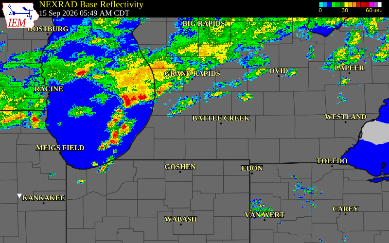 Current NEXRAD radar over Barry County, Michigan with recent storm report locations