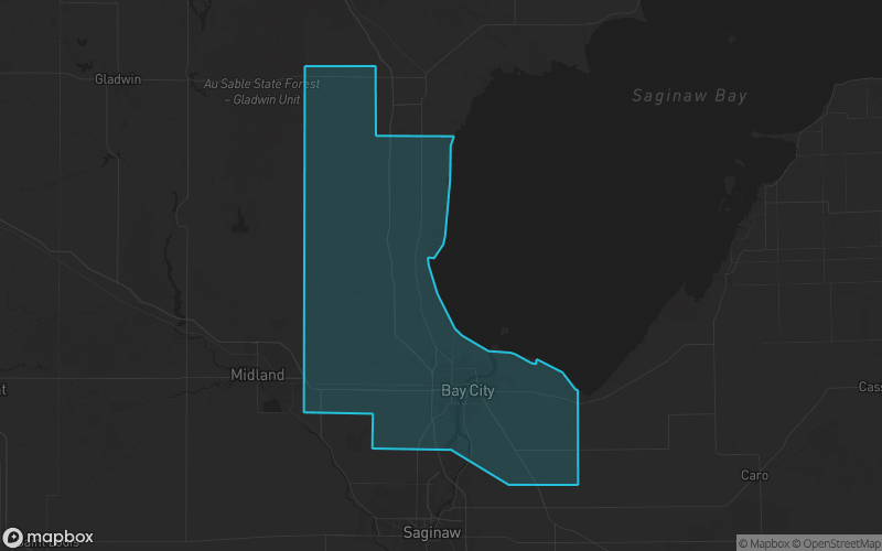 Map of Bay County, Michigan showing the county boundary and surrounding cities