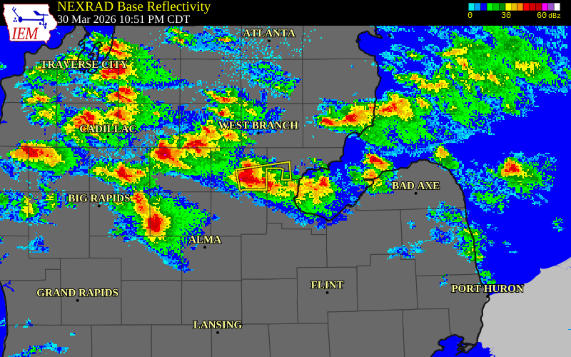 NEXRAD radar during the Monday, March 30, 2026 storm activity in Bay County, Michigan