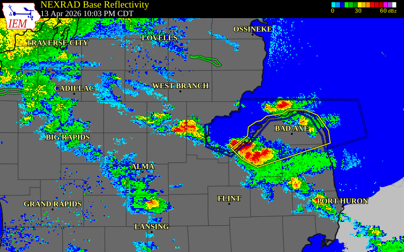 NEXRAD radar during the Monday, April 13, 2026 storm activity in Bay County, Michigan