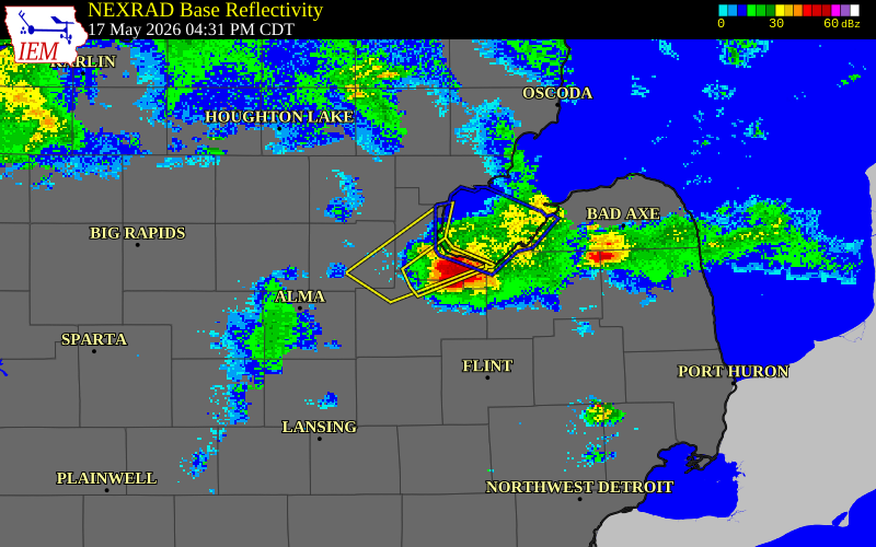 NEXRAD radar during the Sunday, May 17, 2026 storm activity in Bay County, Michigan