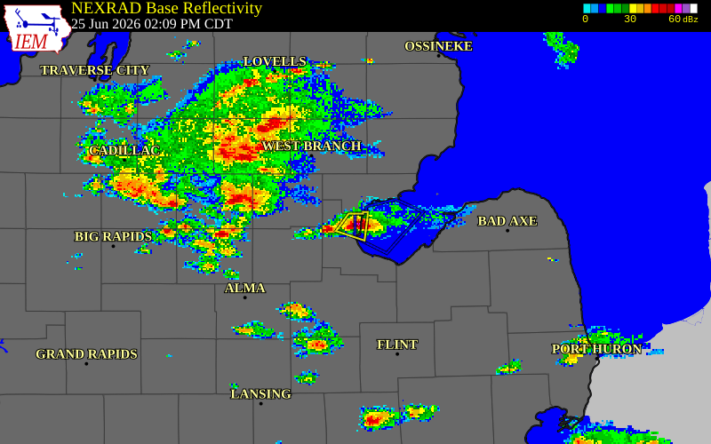 NEXRAD radar during the Thursday, June 25, 2026 storm activity in Bay County, Michigan