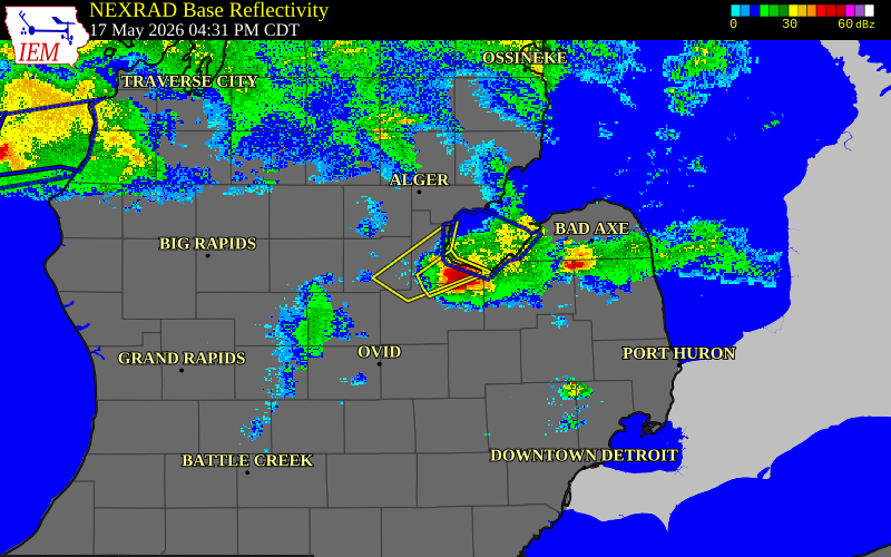 Radar snapshot during the May 17, 2026 hail event near 1 W Portsmouth Charter, Bay County, Michigan, with NWS warning polygons
