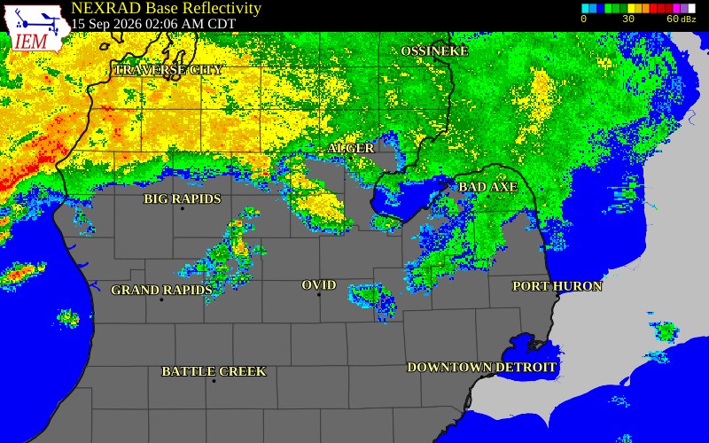Current NEXRAD radar over Bay County, Michigan with recent storm report locations