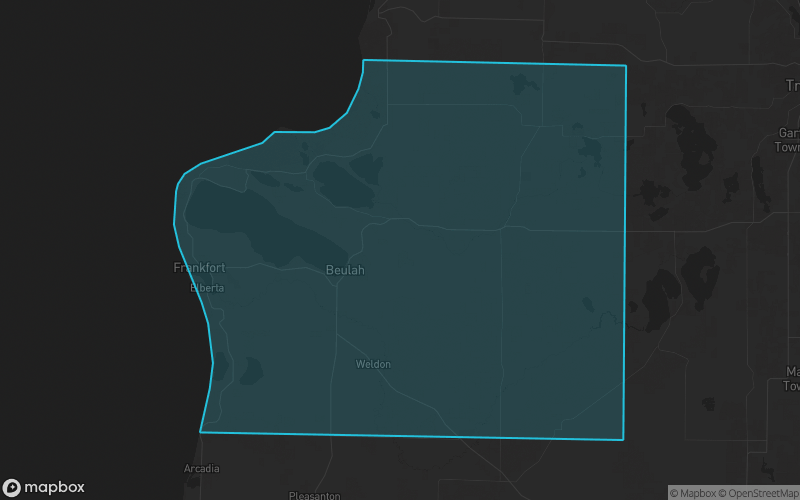 Map of Benzie County, Michigan showing the county boundary and surrounding cities