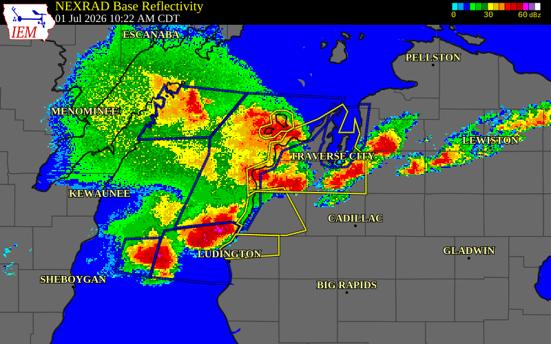 NEXRAD radar during the Wednesday, July 1, 2026 storm activity in Benzie County, Michigan