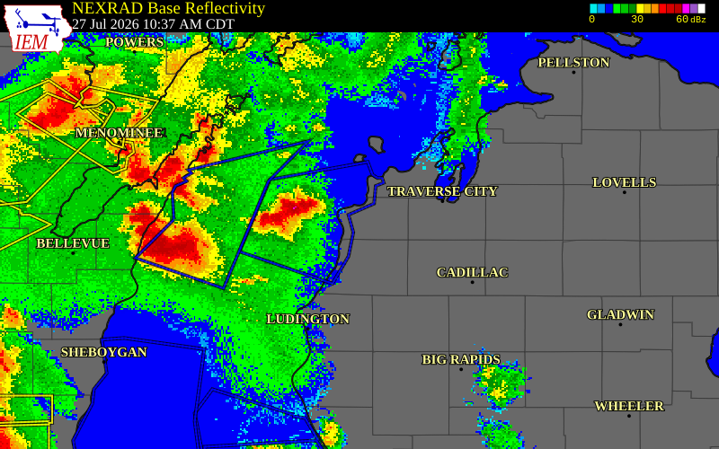 NEXRAD radar during the Monday, July 27, 2026 storm activity in Benzie County, Michigan